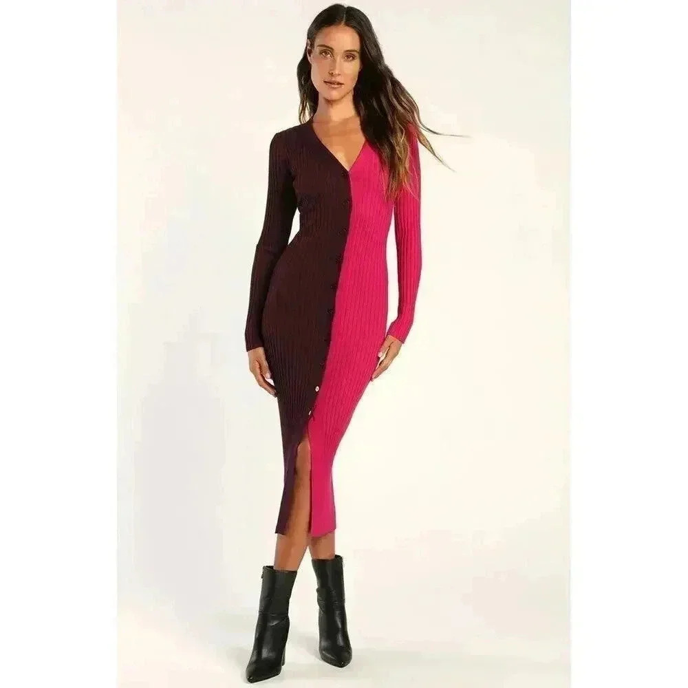 Lulus Charming Combo Pink and Purple Ribbed Button-Front Sweater Dress Size M